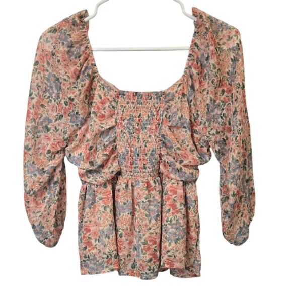 American Eagle Girly Boho Chic Chiffon Blouse Peach Floral Ruched Peplum Top S - Picture 6 of 13